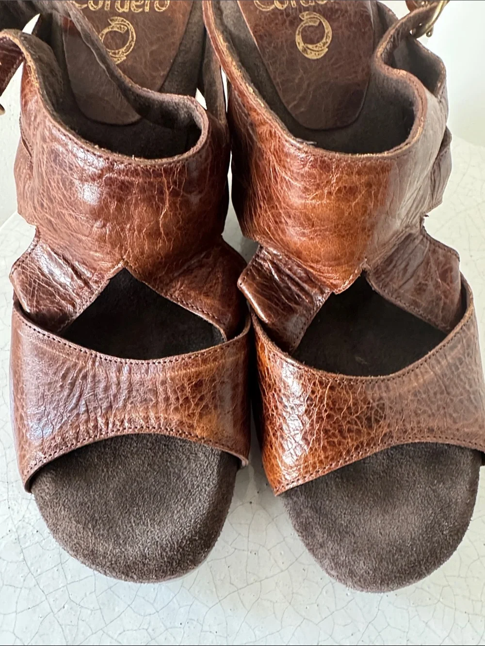 Calleen Cordero Brown Distress Leather Wedge Platform Sandals Wooden Heel Size 8